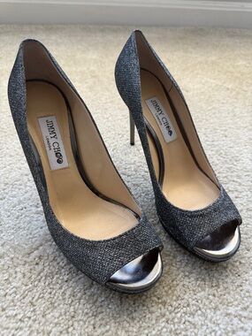 Jimmy Choo Glitter Peep-Toe Pumps in Metallic Charcoal
